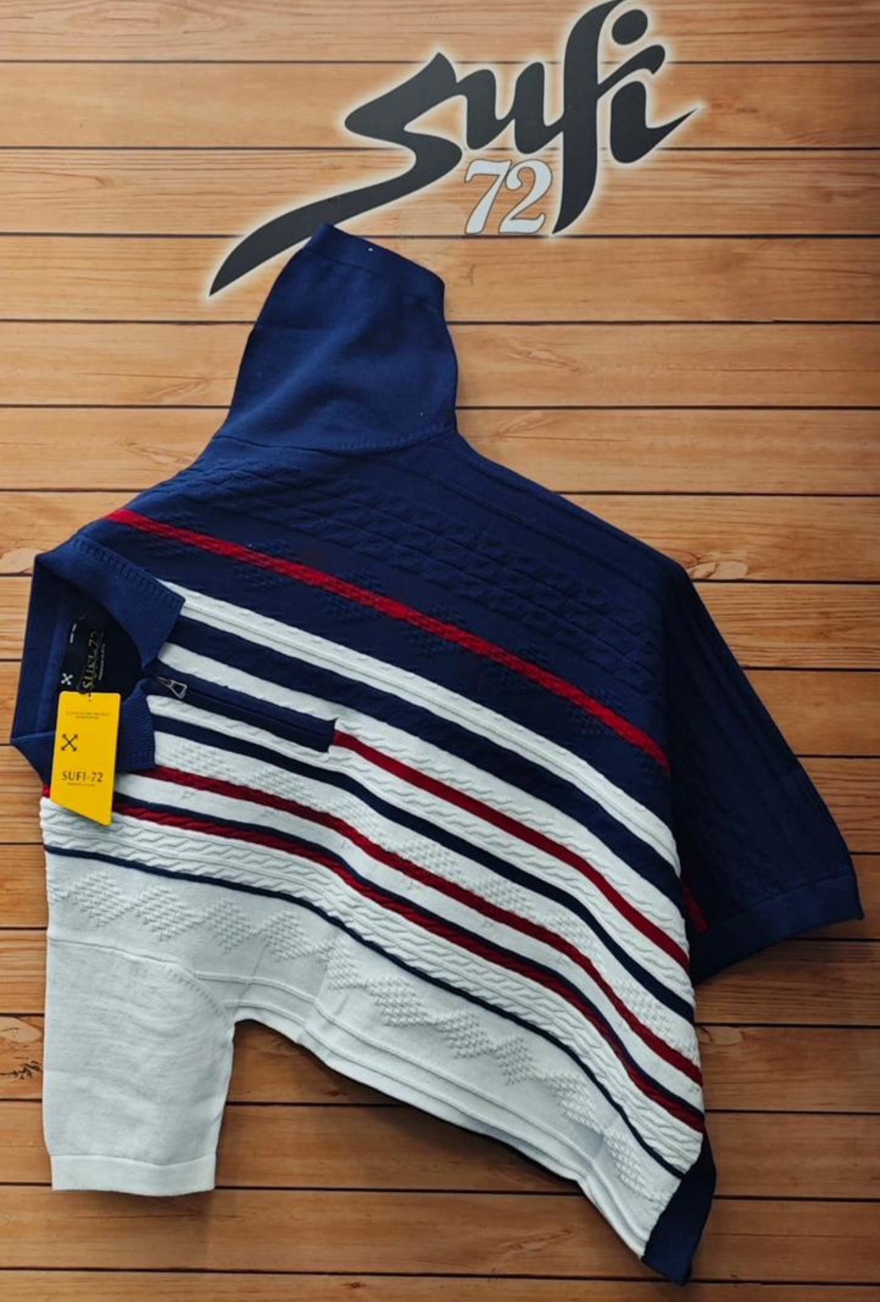 Sufi 72 Men's Textured Knit Sweater with Stripe Detail