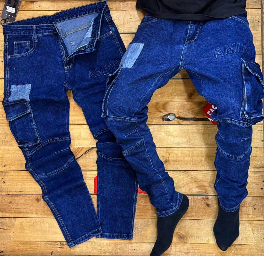 Men's Premium Dark Blue Cargo Patchwork Jeans