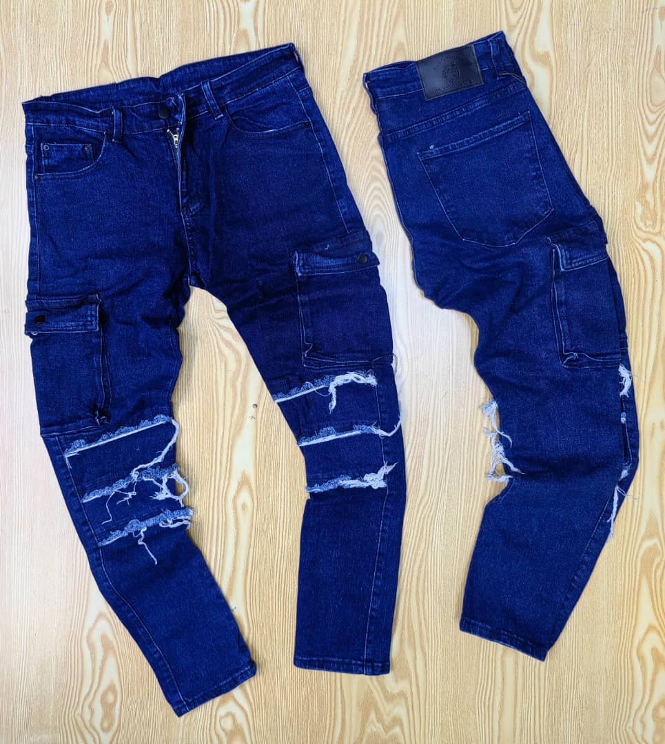 Dark Blue distressed jeans with cargo pockets and knee-length rips