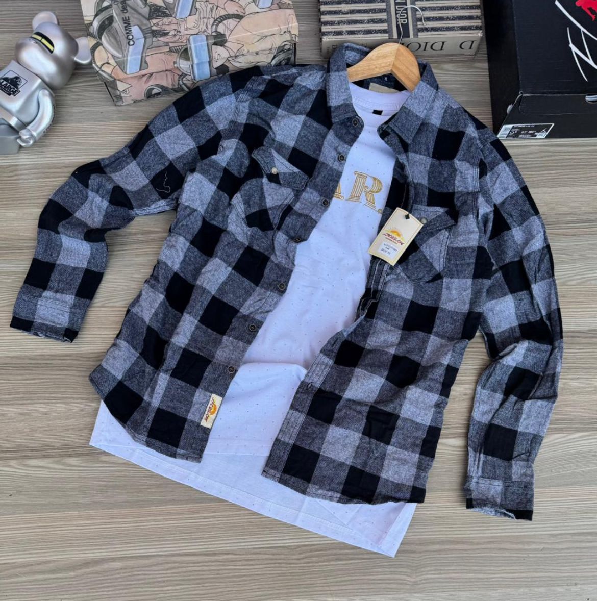 Classic Black & White Plaid Flannel Shirt