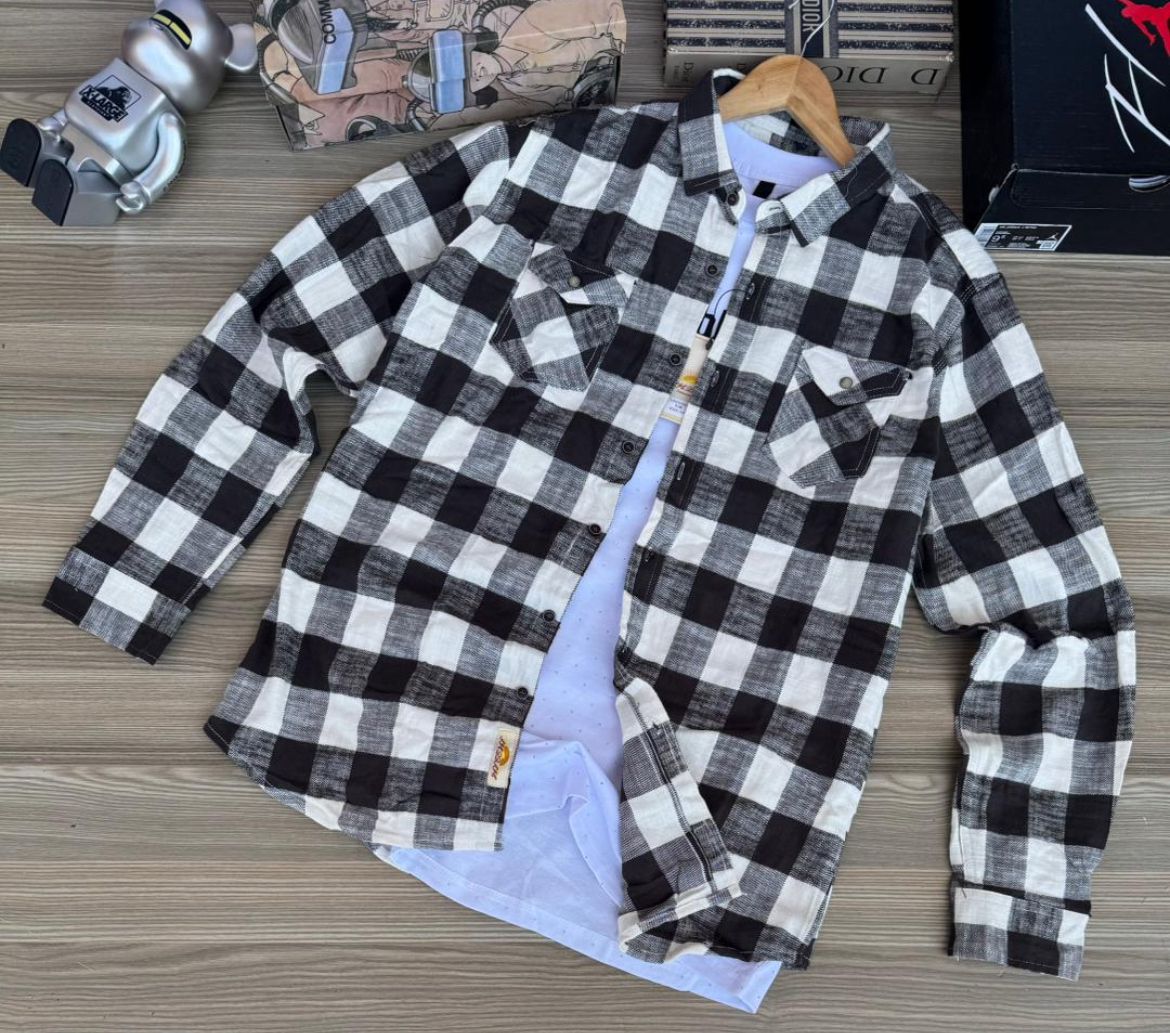 Classic Black & White Plaid Flannel Shirt