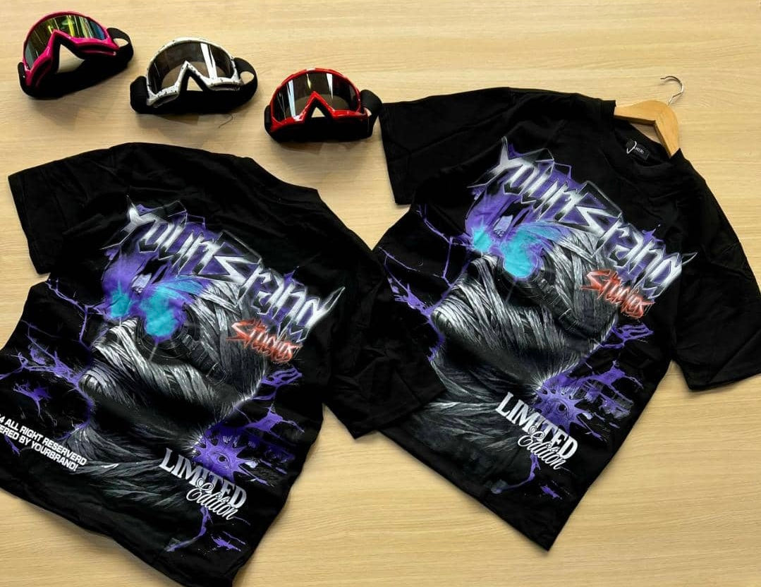 YoungBrand Studios Limited Edition Graphic T-Shirt in white, featuring a bold streetwear design with a futuristic blue and black graphic, abstract artwork, and stylish typography. Perfect for urban fashion and trendy casual wear